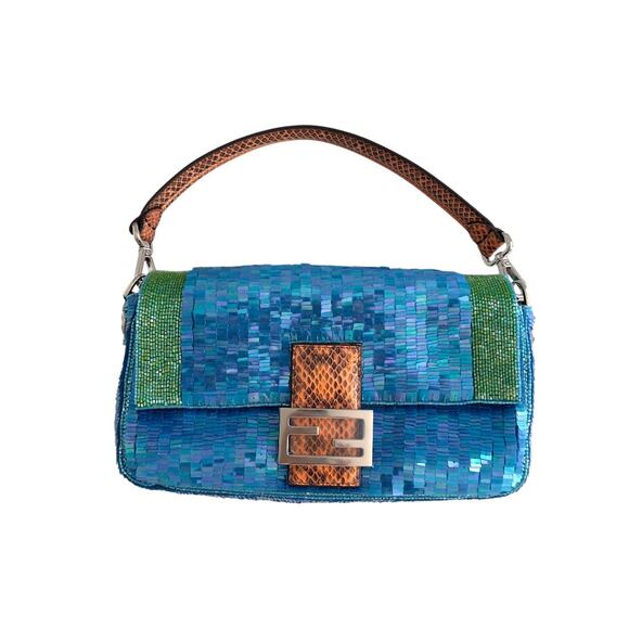 Fendi Reissue Green Stripe Blue Sequin Baguette - Picture 1 of 11